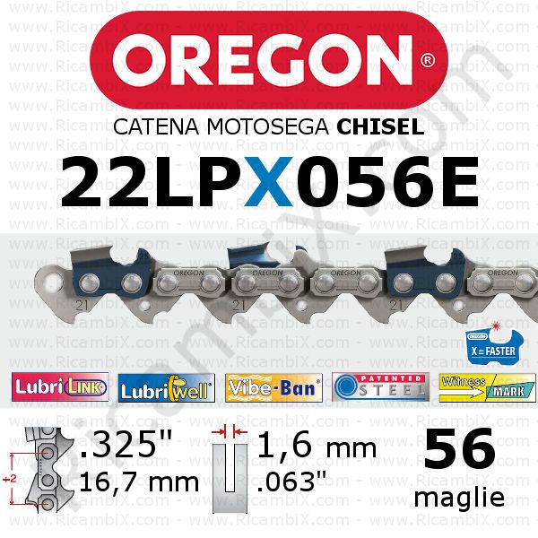 catena motosega Oregon 22LPX056E - passo .325 x 1,6 mm - 56 maglie - chisel - dente quadro