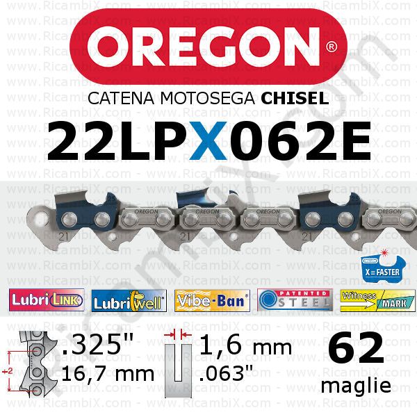 catena motosega Oregon 22LPX062E - passo .325 x 1,6 mm - 62 maglie - chisel - dente quadro