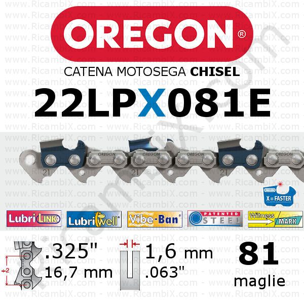 catena motosega Oregon 22LPX081E - passo .325 x 1,6 mm - 81 maglie - chisel - dente quadro