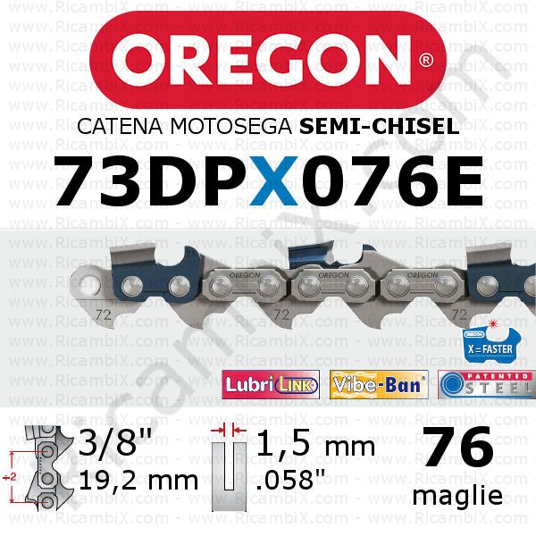 catena motosega Oregon 73DPX076E - passo 3/8 x 1,5 mm - 76 maglie - semi-chisel