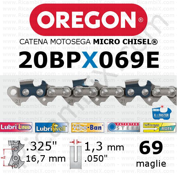 catena motosega Oregon 20BPX069E - passo .325 x 1,3 mm - 69 maglie - micro-chisel