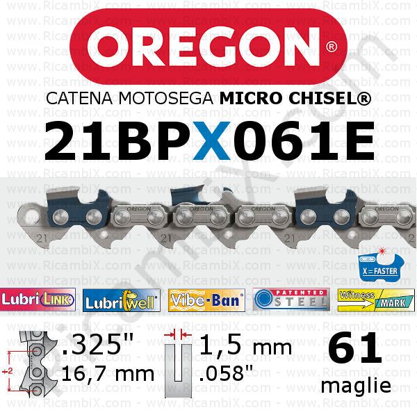 catena motosega Oregon 21BPX061E - passo .325 x 1,5 mm - 61 maglie - micro-chisel