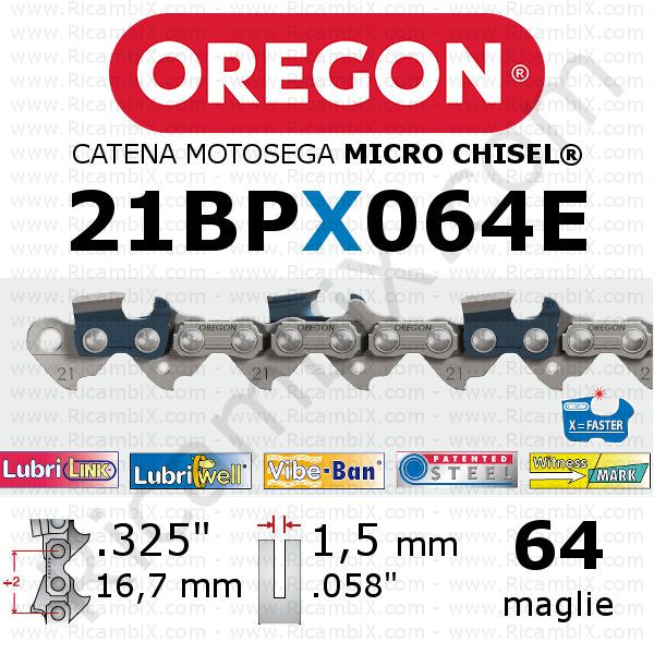 catena motosega Oregon 21BPX064E - passo .325 x 1,5 mm - 64 maglie - micro-chisel