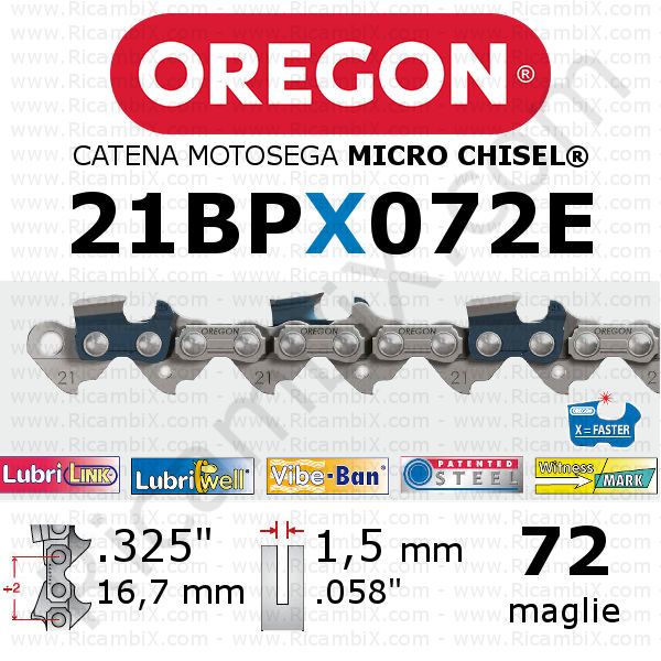 catena motosega Oregon 21BPX072E - passo .325 x 1,5 mm - 72 maglie - micro-chisel