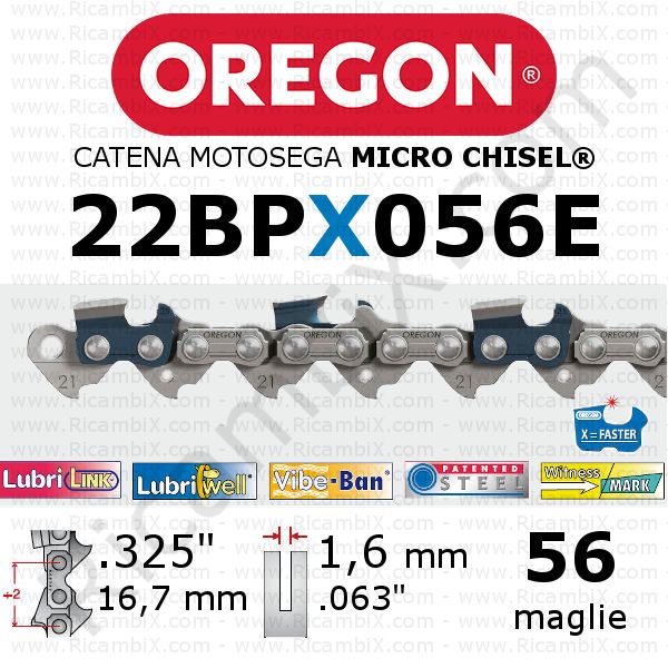 catena motosega Oregon 22BPX056E - passo .325 x 1,6 mm - 56 maglie - micro-chisel