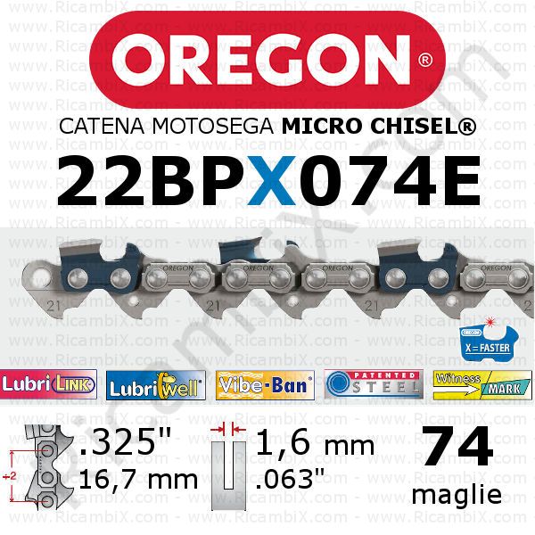 catena motosega Oregon 22BPX074E - passo .325 x 1,6 mm - 74 maglie - micro-chisel