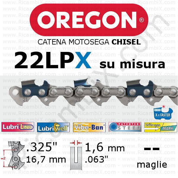 catena motosega Oregon 22LPX - passo .325 x 1,6 mm - su misura - chisel - dente quadro