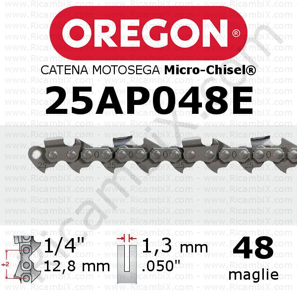 catena motosega Oregon 25AP048E - passo 1/4 di pollice x 1,3 mm  - 48 maglie - micro-chisel