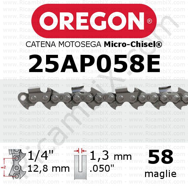 catena motosega Oregon 25AP058E - passo 1/4 di pollice x 1,3 mm  - 58 maglie - micro-chisel