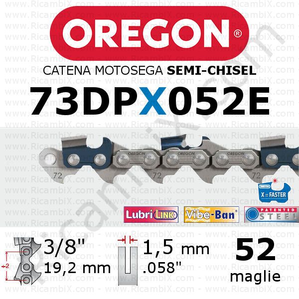 catena motosega Oregon 73DPX052E - passo 3/8 x 1,5 mm - 52 maglie - semi-chisel