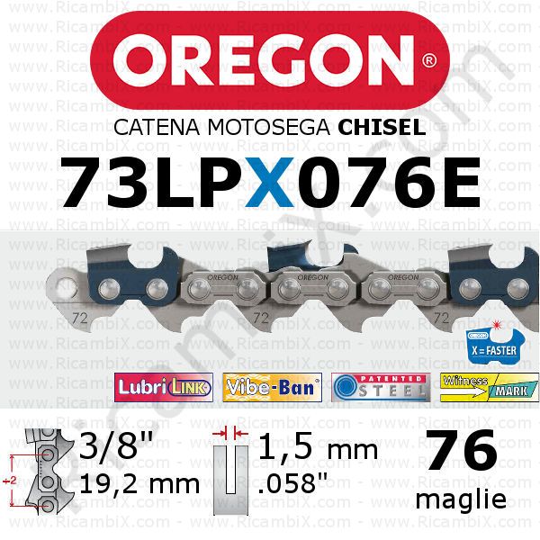 catena motosega Oregon 73LPX076E - passo 3/8 x 1,5 mm - 76 maglie - chisel - dente quadro