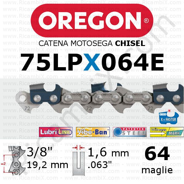 catena motosega Oregon 75LPX064E - passo 3/8 x 1,6 mm - 64 maglie - chisel - dente quadro