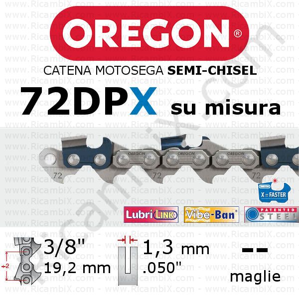 catena motosega Oregon 72DPX - passo 3/8 x 1,3 mm - su misura - semi-chisel