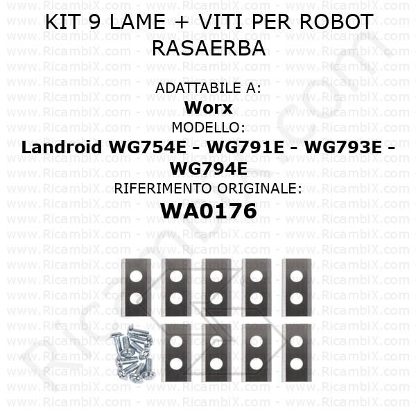 Kit 9 lame + viti per robot rasaerba Worx Landroid WG754E - WG791E - WG793E - WG794E - rif. orig. WA0176