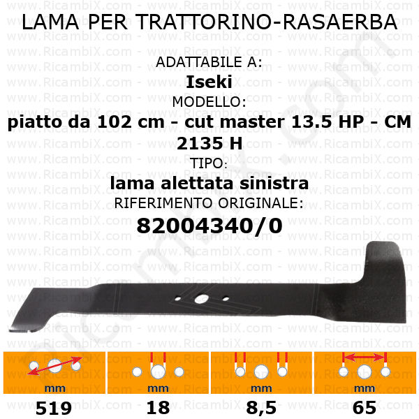 Lama per trattorino - rasaerba Iseki piatto da 102 cm - cut master - 13.5 HP - CM 2135 H - alettata sinistra - rif. orig. 82004340/0