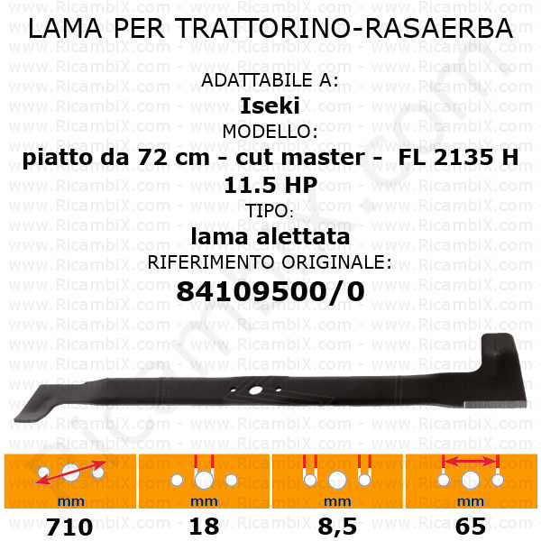 Lama per trattorino - rasaerba Iseki piatto da 72 cm - cut master - FL 2135 H - 11.5 HP - alettata - rif. orig. 84109500/0