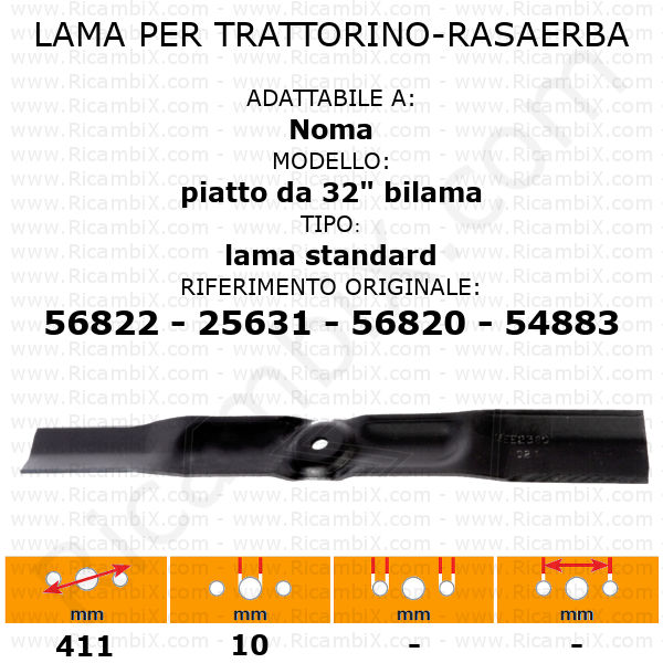 Lama per trattorino - rasaerba Noma piatto da 32" - bilama - lama standard - rif. orig. 56822 - 25632 - 56820 - 54883