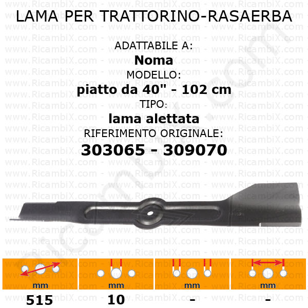 Lama per trattorino - rasaerba Noma piatto da 40" - bilama - 102 cm - lama alettata - rif. orig. 303065-309070