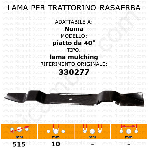 Lama per trattorino - rasaerba Noma piatto da 40" - bilama - lama mulching - rif. orig. 330277