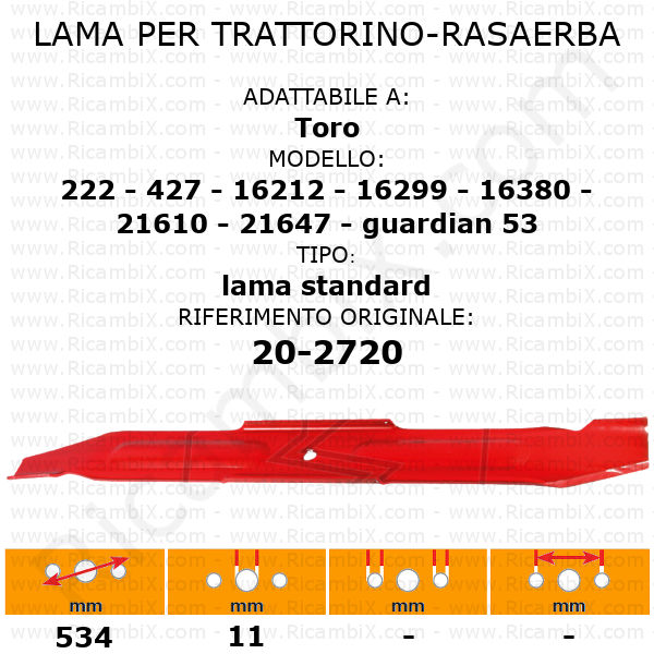 Lama per trattorino - rasaerba Toro 222 - 427 - 16212 - 16299 - 16380 - 21610 - 21647 - Guardian 53 - rif. orig. 20-2720