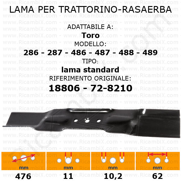 Lama per trattorino - rasaerba Toro 286 - 287 - 486 - 487 - 488 - 489 - rif. orig. 18806 - 72-8210