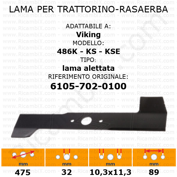 Lama per trattorino - rasaerba Viking 486 K - KS - KSE - alettata - rif. orig. 6105-702-0100
