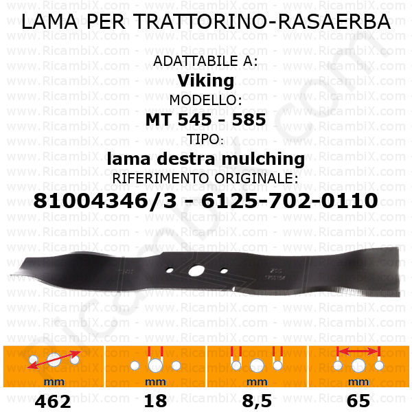 Lama per trattorino - rasaerba Viking MT 545 - MT 585 - sinistra mulching - rif. orig. 82004352/0 - 6125-702-0115
