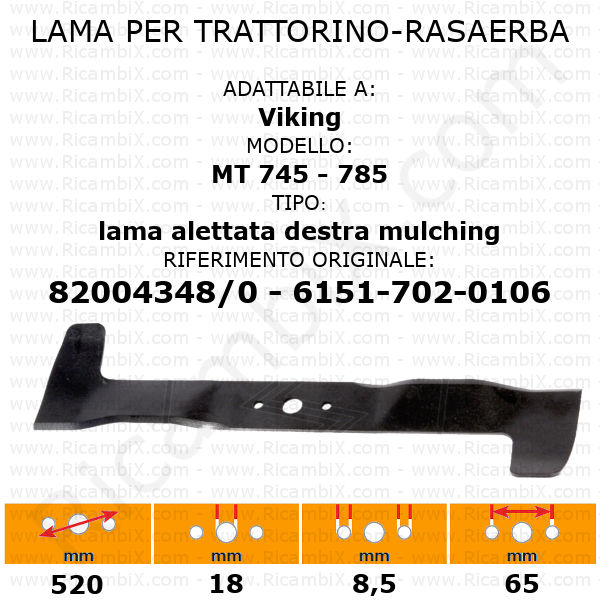 Lama per trattorino - rasaerba Viking MT 745 - 785 - alettata destra mulching - rif. orig. 82004348/0 - 6151-702-0106
