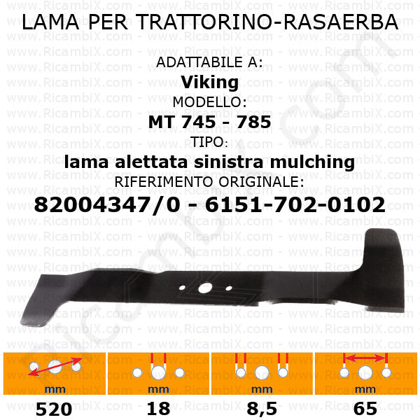 Lama per trattorino - rasaerba Viking MT 745 - 785 - alettata sinistra mulching - rif. orig. 82004347/0 - 6151-702-0102