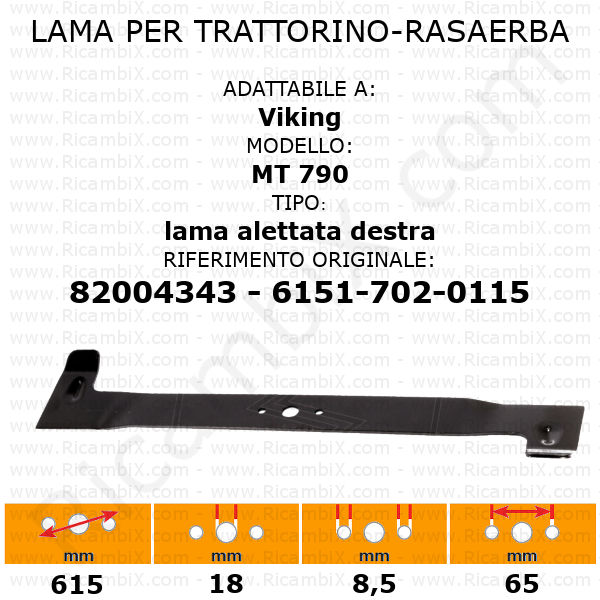 Lama per trattorino - rasaerba Viking MT 790 - alettata destra - rif. orig. 82004343 - 6151-702-0115