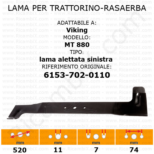 Lama per trattorino - rasaerba Viking MT 880 - alettata sinistra - rif. orig. 6153-702-0110