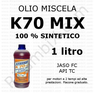 Olio miscela K70 MIX - completamente sintetico - flacone olio K70 mix da 1 litro graduato - olio miscela motosega - decespugliatore - go-kart - motorino - moto - motociclo