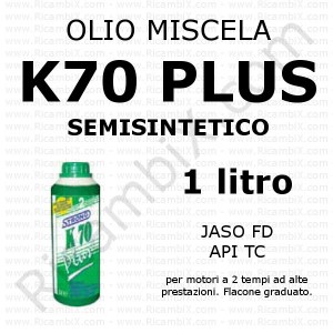 Olio miscela K70 PLUS - semisintetico - flacone olio K70 plus da 1 litro graduato - olio miscela motosega - decespugliatore - go-kart - motorino - moto - motociclo